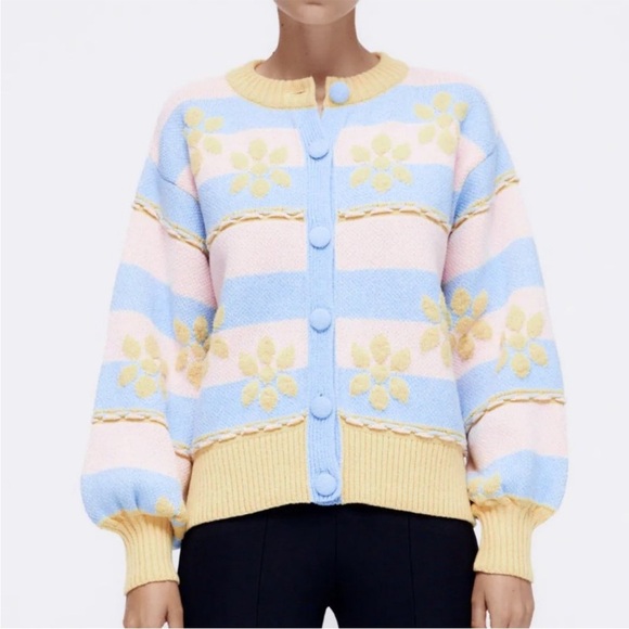 Zara Floral Jacquard Knit Cardigan Pastel Blue Yellow Size S NWT Rare - Picture 8 of 14